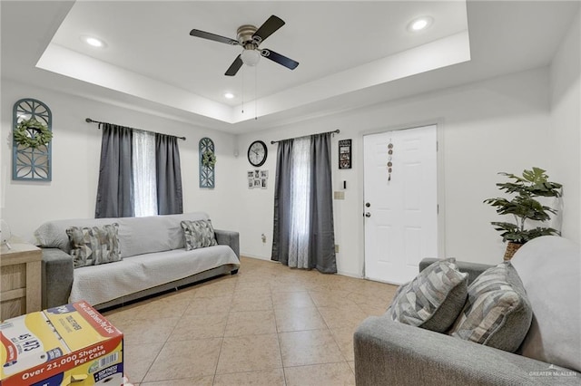115 W Albatross Ave, Pharr, TX 78577 - living room with recessed lighting, ceiling fan, light tile patterned flooring, and a raised ceiling