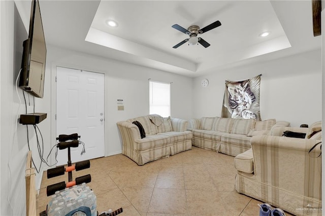 115 W Albatross Ave, Pharr, TX 78577 - living area with light tile patterned floors, a raised ceiling, ceiling fan, and recessed lighting