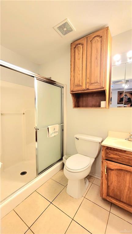 bathroom with toilet, visible vents, a shower stall, and tile patterned flooring