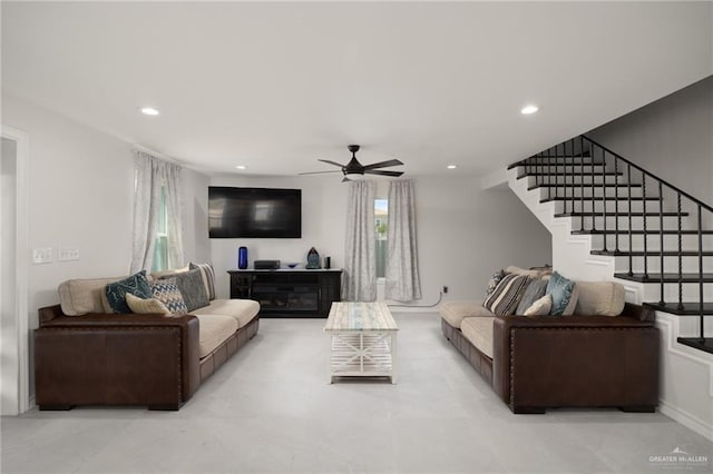 living room with ceiling fan