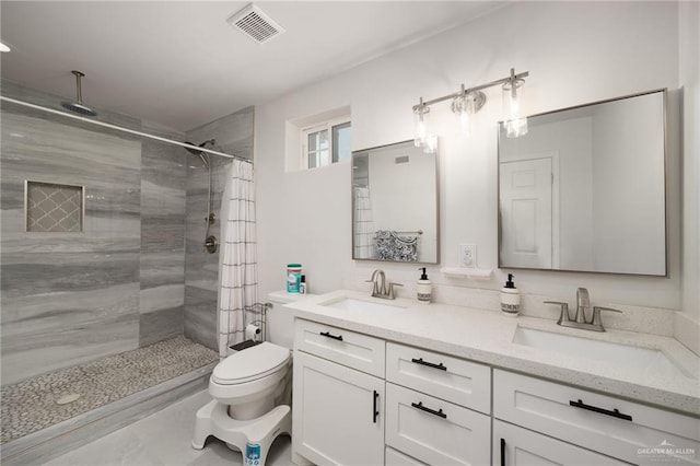 bathroom featuring toilet, vanity, and a shower with shower curtain