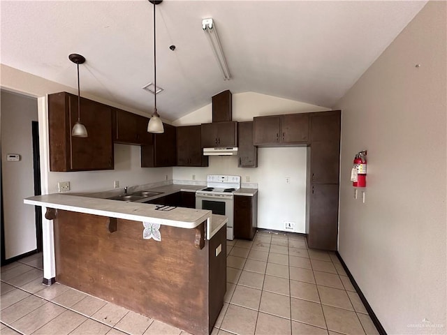 kitchen with kitchen peninsula, a breakfast bar, vaulted ceiling, white range with electric stovetop, and hanging light fixtures