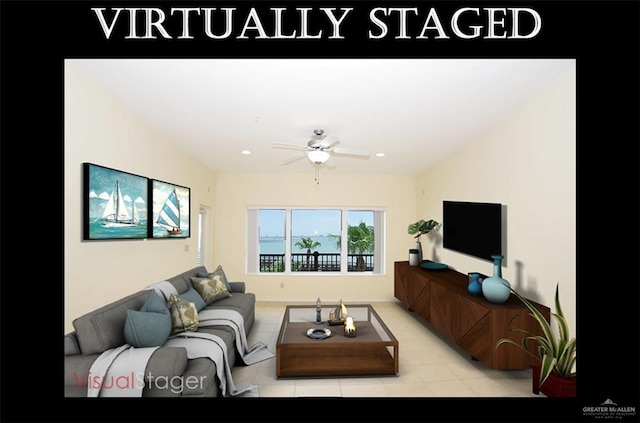 301 Houston St Unit 3303, Port Isabel, TX 78597 - living room featuring a ceiling fan, light tile patterned floors, and recessed lighting