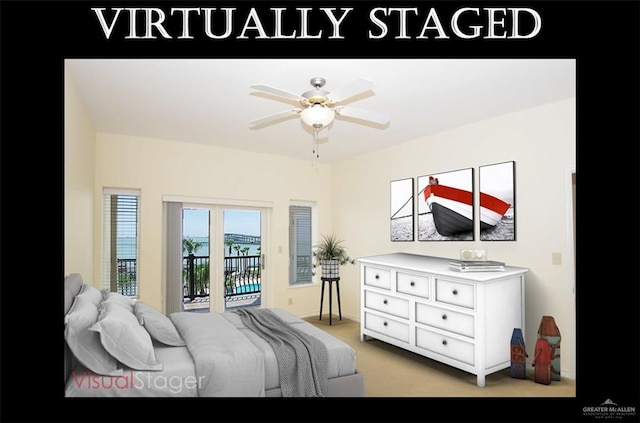 301 Houston St Unit 3303, Port Isabel, TX 78597 - bedroom featuring access to exterior, light colored carpet, and ceiling fan