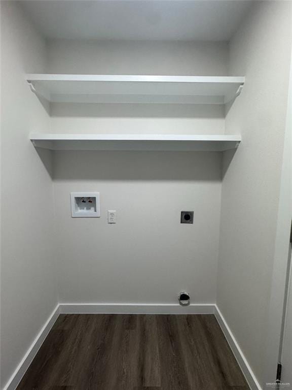 laundry area with electric dryer hookup, washer hookup, and dark hardwood / wood-style flooring