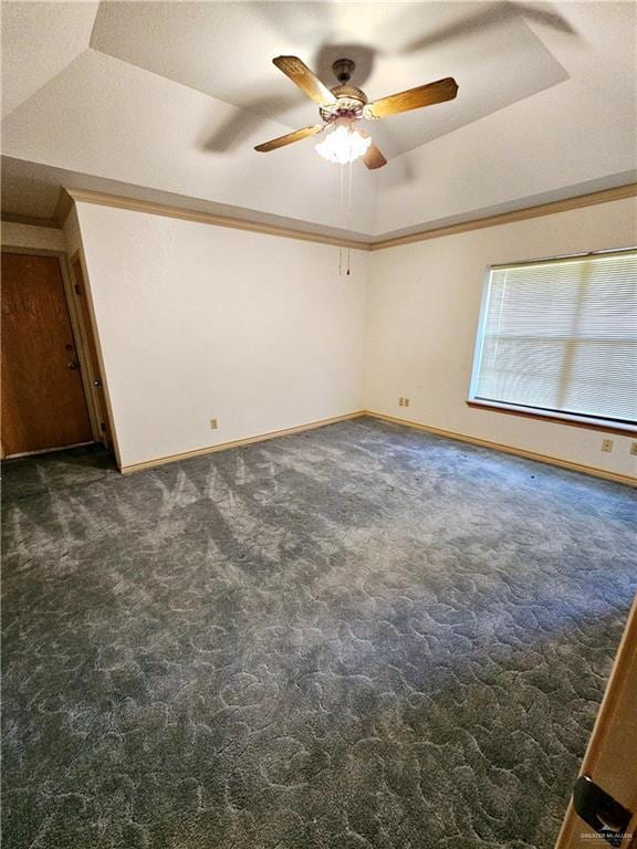 carpeted spare room featuring a raised ceiling and ceiling fan