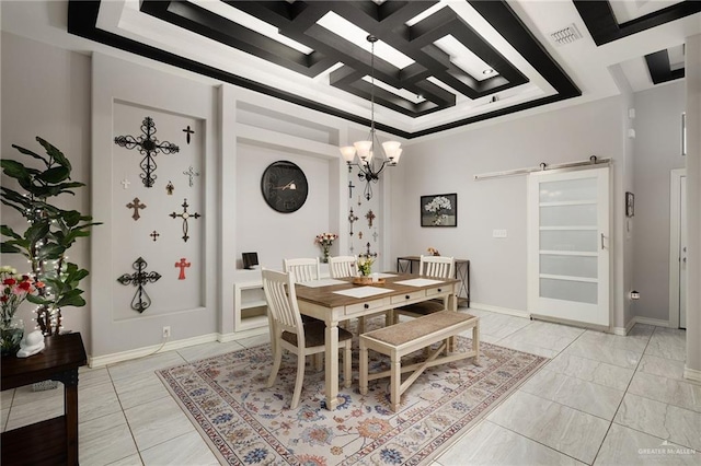 dining space featuring coffered ceiling, a barn door, and an inviting chandelier