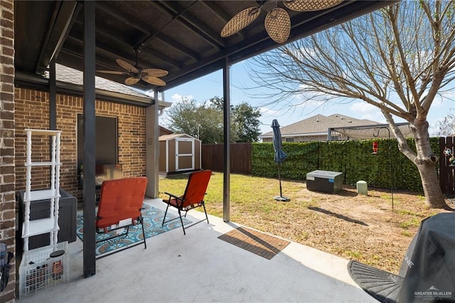 view of patio with a shed