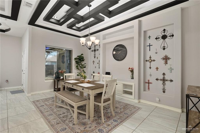 dining area with an inviting chandelier and coffered ceiling