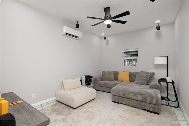 living room with ceiling fan and an AC wall unit