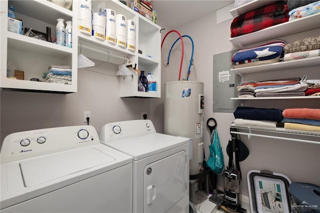 washroom with electric panel, electric water heater, and washer and dryer