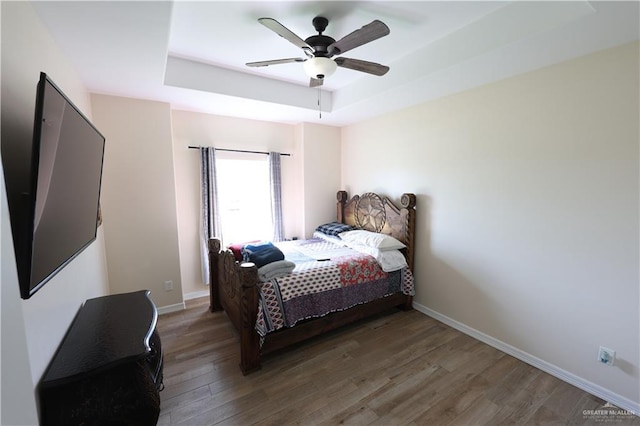 29082 Reynolds Dr, La Feria, TX 78559 - bedroom featuring a raised ceiling, wood finished floors, and ceiling fan