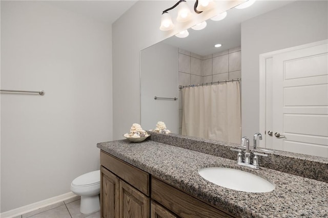 bathroom with tile patterned flooring, vanity, toilet, and walk in shower