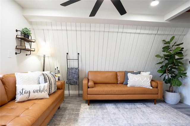 4509 Gardenia Ave, Mcallen, TX 78501 - living area with a ceiling fan, wood finished floors, and wooden walls