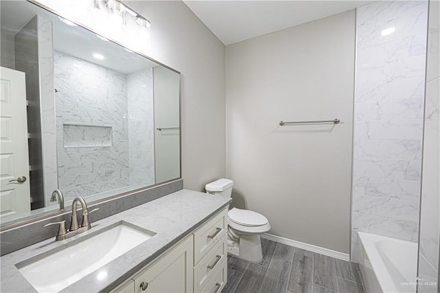 bathroom featuring shower / tub combination, toilet, vanity, baseboards, and wood tiled floor