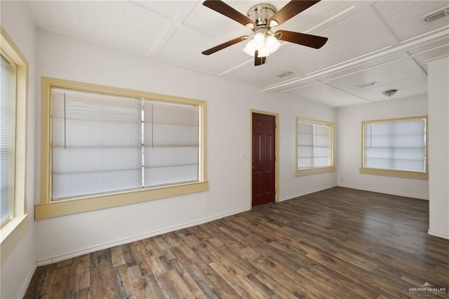 unfurnished room with dark hardwood / wood-style floors and ceiling fan