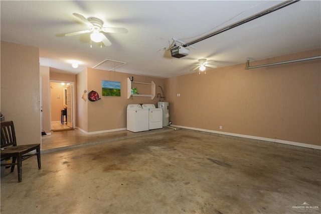 garage featuring washing machine and dryer, electric water heater, ceiling fan, and a garage door opener