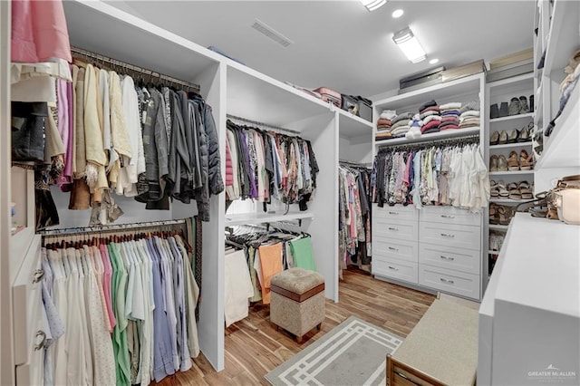 walk in closet with light wood-type flooring