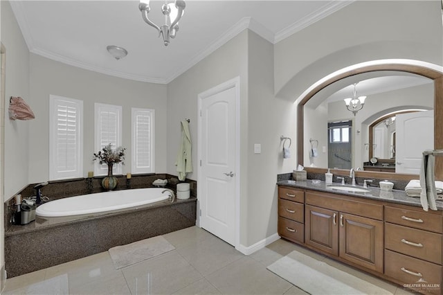 bathroom featuring tile patterned floors, ornamental molding, tiled bath, and a chandelier