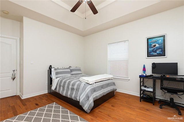 bedroom with hardwood / wood-style flooring, ceiling fan, and a tray ceiling