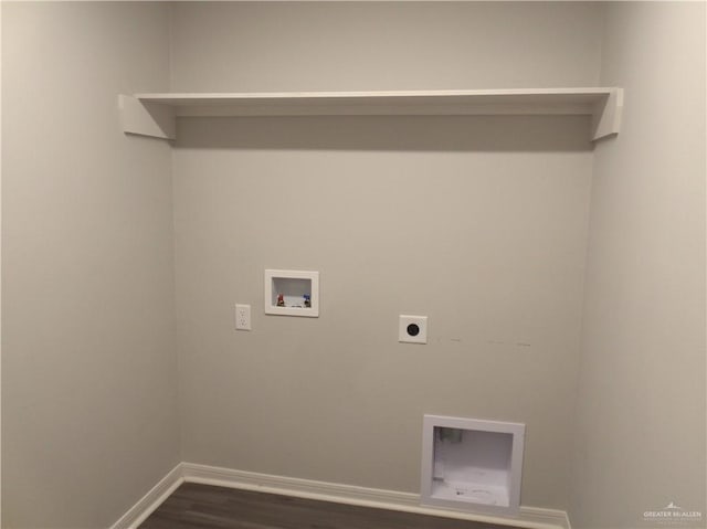 clothes washing area featuring baseboards, laundry area, hookup for a washing machine, hookup for an electric dryer, and dark wood-style flooring