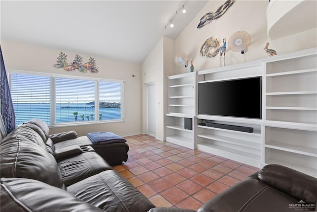 301 Houston Ave, Port Isabel, TX 78578 - tiled living area with lofted ceiling, built in shelves, and rail lighting