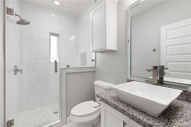 bathroom featuring toilet, vanity, and walk in shower