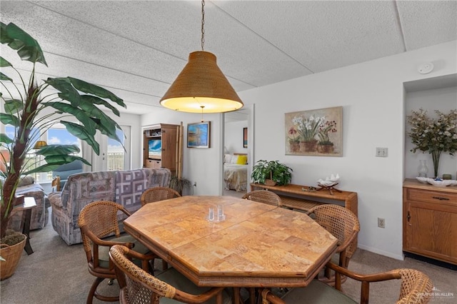 carpeted dining space with a textured ceiling