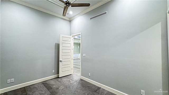 unfurnished room with ornamental molding, visible vents, ceiling fan, and baseboards