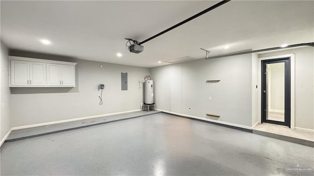 garage featuring a garage door opener, recessed lighting, electric water heater, electric panel, and baseboards