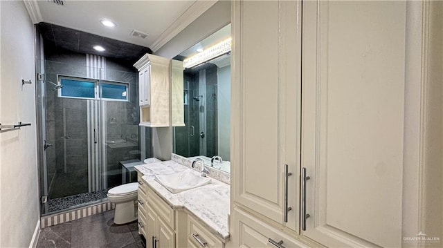 full bath with crown molding, vanity, toilet, and a shower stall