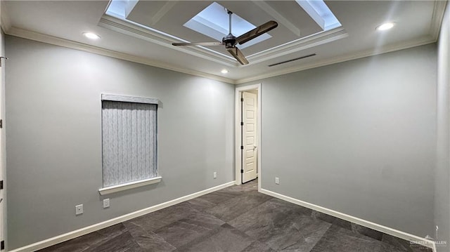 spare room featuring ceiling fan, recessed lighting, visible vents, baseboards, and ornamental molding