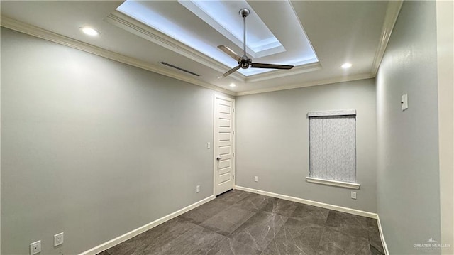 spare room with ceiling fan, ornamental molding, recessed lighting, and baseboards