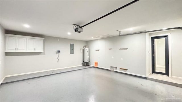 garage featuring electric panel, water heater, baseboards, and a garage door opener