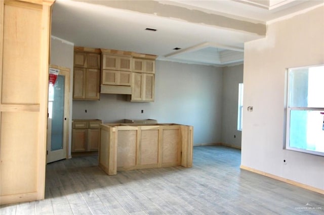1334 S 9th St, Alamo, TX 78516 - kitchen featuring light brown cabinetry, light wood-style flooring, baseboards, beamed ceiling, and ornamental molding