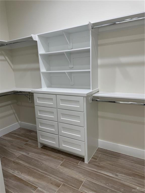 spacious closet with dark wood-type flooring