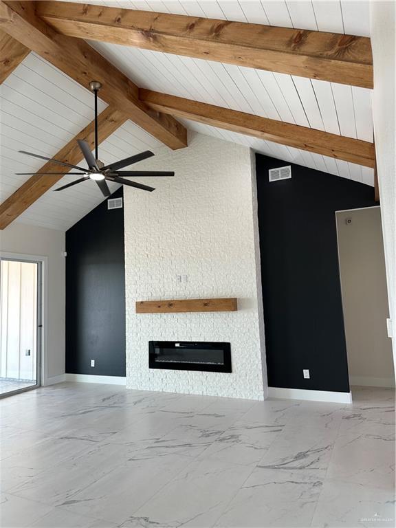 unfurnished living room featuring lofted ceiling with beams, ceiling fan, and wooden ceiling