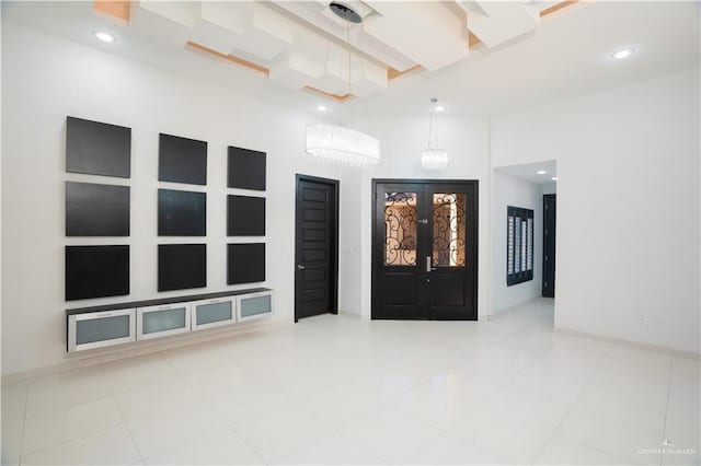 1916 N 46th St, Mcallen, TX 78501 - spare room featuring recessed lighting, tile patterned floors, baseboards, a towering ceiling, and beamed ceiling