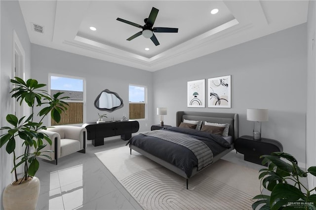 3107 S Auburndale Ave, Edinburg, TX 78542 - bedroom featuring recessed lighting, a tray ceiling, marble finish floors, and a ceiling fan