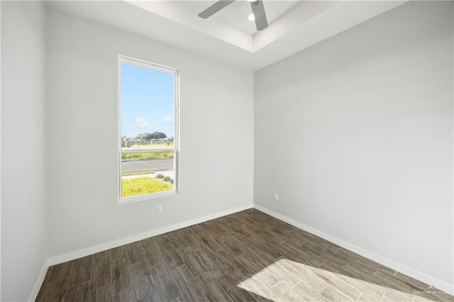 empty room featuring a raised ceiling, ceiling fan, plenty of natural light, and wood-type flooring