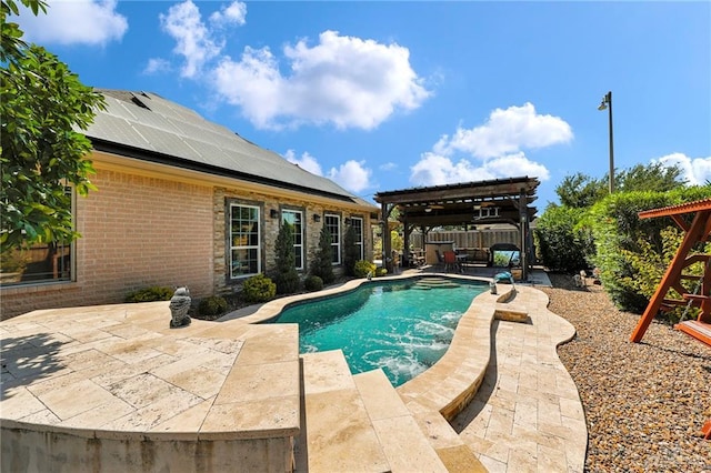 view of pool with a pergola, a playground, a fenced backyard, a patio, and a fenced in pool