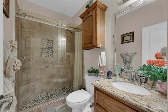 bathroom featuring a shower stall, toilet, and vanity