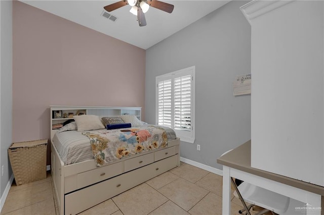 bedroom with ceiling fan, baseboards, tile patterned flooring, and visible vents