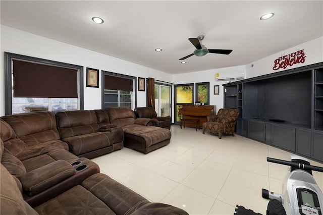 living room with ceiling fan, recessed lighting, and light tile patterned flooring