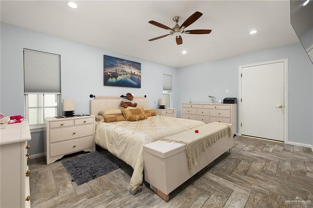 bedroom with recessed lighting, baseboards, and a ceiling fan