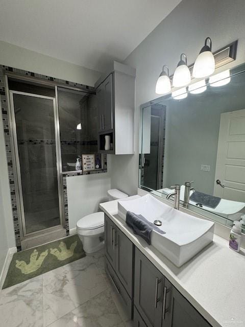 bathroom with toilet, vanity, and walk in shower