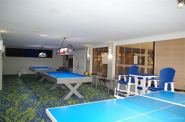 rec room with carpet and pool table