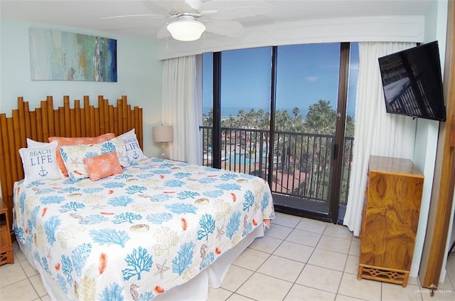 bedroom with access to exterior, ceiling fan, and light tile patterned flooring