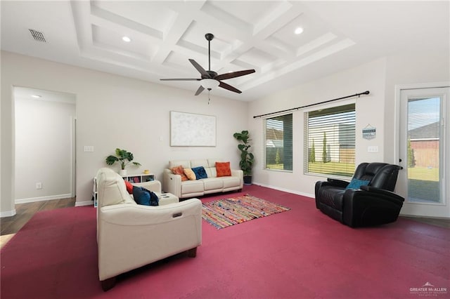 living room with beamed ceiling, coffered ceiling, and ceiling fan