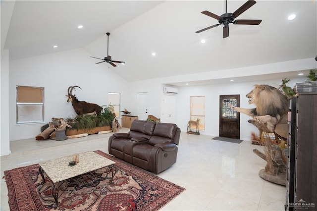 living area featuring high vaulted ceiling, a wall mounted air conditioner, a ceiling fan, and recessed lighting